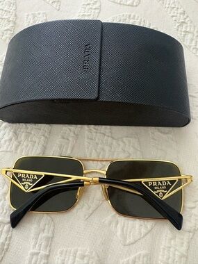 Prada Gold Frame Black Lens Rectangular Sunglasses
